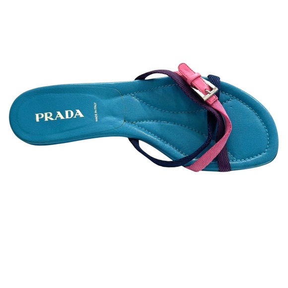 PRADA Y2K TURQUOISE BLUE KITTEN HEEL SLIDES W NAVY, PINK & PURPLE STRAPS - Picture 6 of 16
